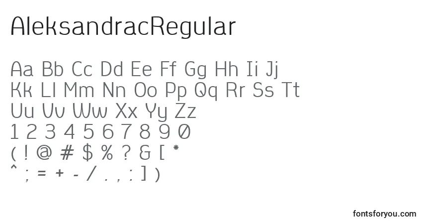 A fonte AleksandracRegular – alfabeto, números, caracteres especiais