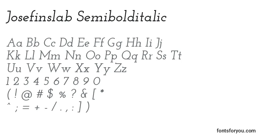 Czcionka Josefinslab Semibolditalic – alfabet, cyfry, specjalne znaki