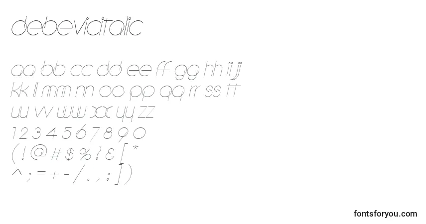 A fonte DebevicItalic – alfabeto, números, caracteres especiais