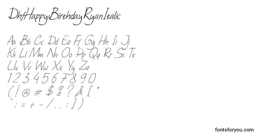 Шрифт DhfHappyBirthdayRyanItalic – алфавит, цифры, специальные символы