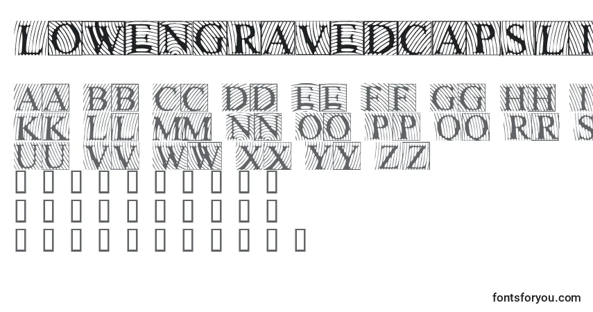 Schriftart Lowengravedcapslight – Alphabet, Zahlen, spezielle Symbole