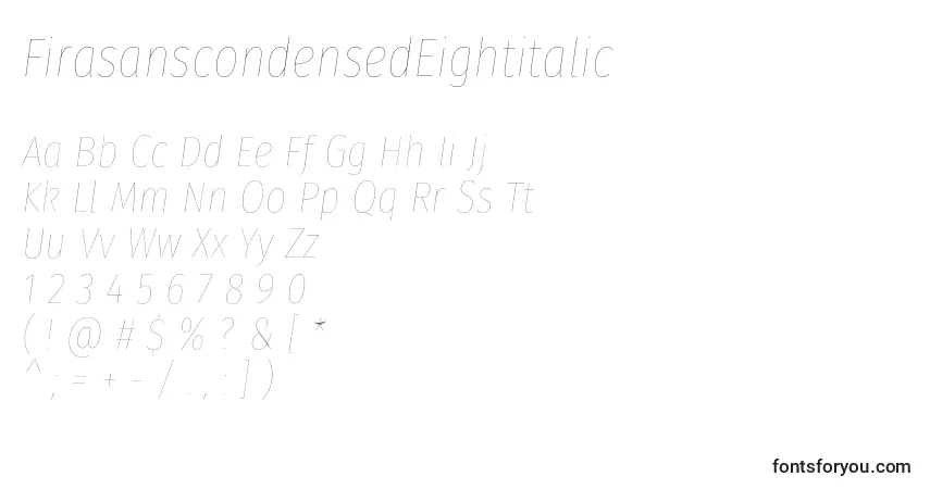 Czcionka FirasanscondensedEightitalic – alfabet, cyfry, specjalne znaki
