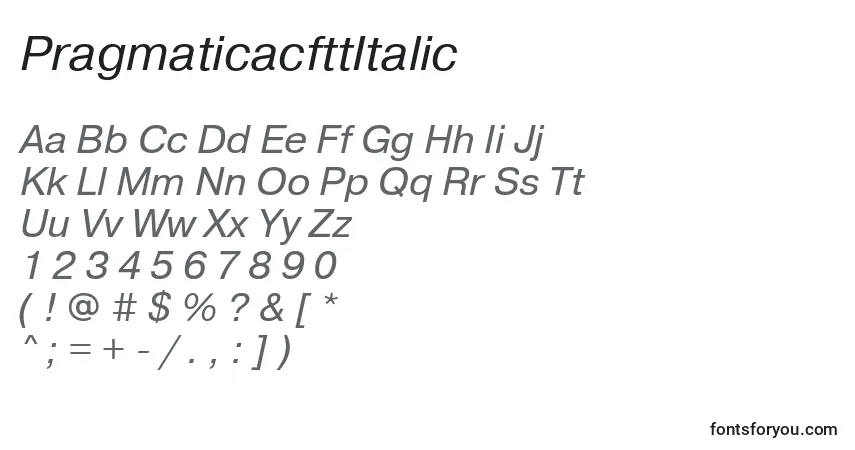 A fonte PragmaticacfttItalic – alfabeto, números, caracteres especiais