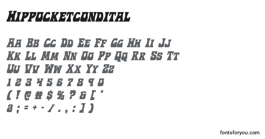 Schriftart Hippocketcondital – Alphabet, Zahlen, spezielle Symbole