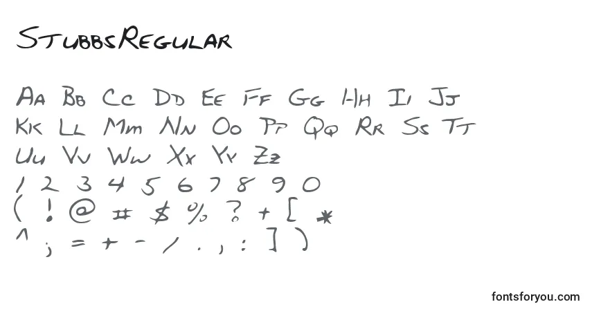 A fonte StubbsRegular – alfabeto, números, caracteres especiais