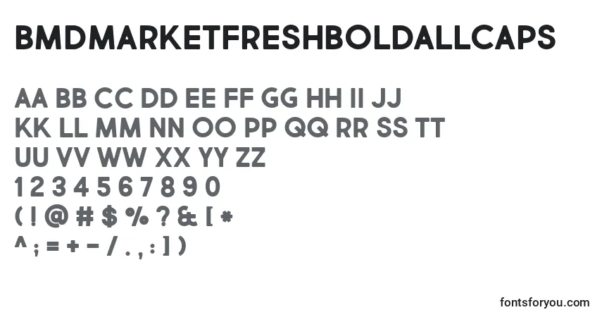 A fonte BmdMarketFreshBoldAllCaps – alfabeto, números, caracteres especiais