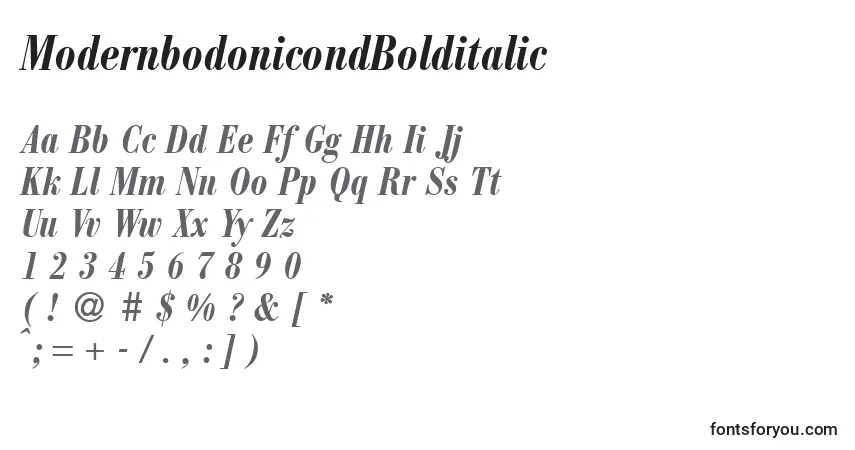 A fonte ModernbodonicondBolditalic – alfabeto, números, caracteres especiais