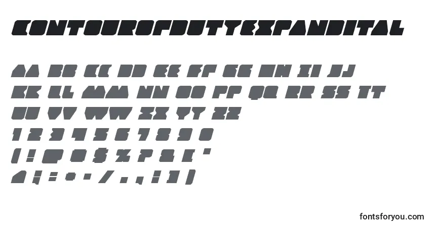 A fonte Contourofdutyexpandital – alfabeto, números, caracteres especiais
