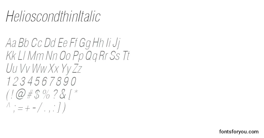 Schriftart HelioscondthinItalic – Alphabet, Zahlen, spezielle Symbole