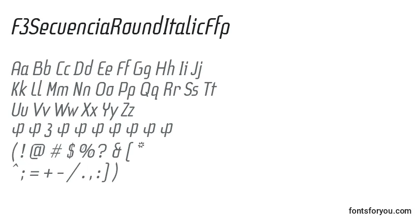 Czcionka F3SecuenciaRoundItalicFfp – alfabet, cyfry, specjalne znaki