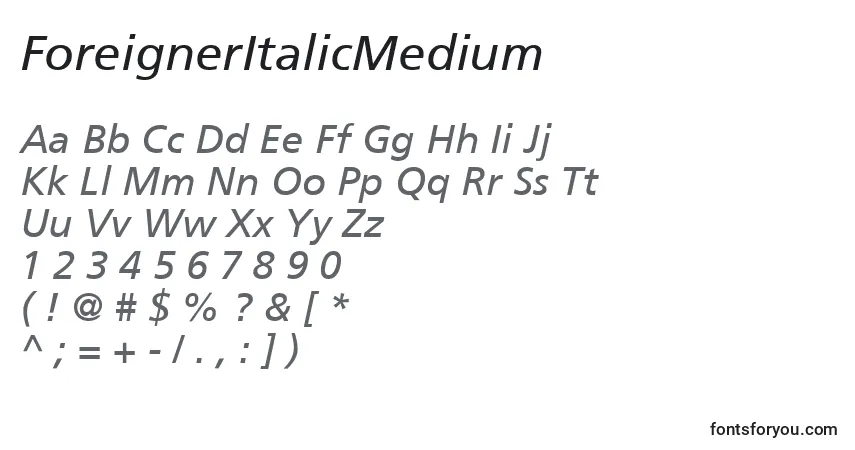 Czcionka ForeignerItalicMedium – alfabet, cyfry, specjalne znaki