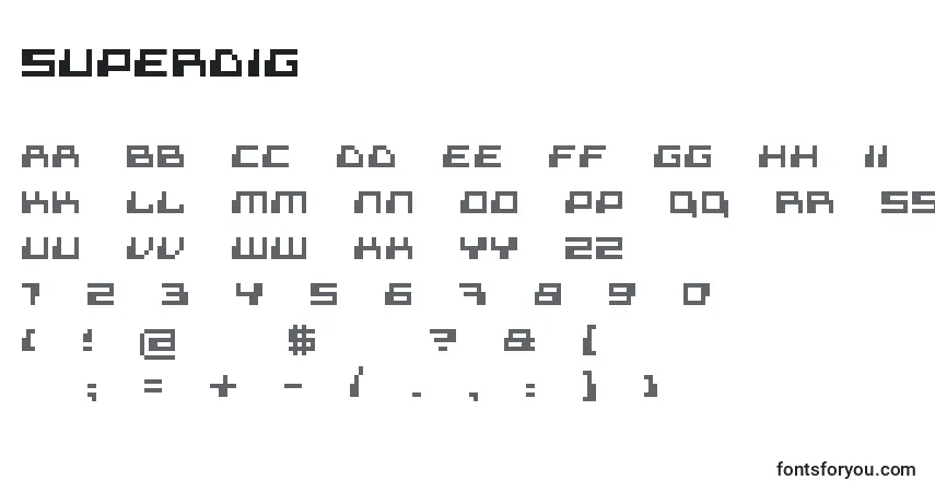 Czcionka Superdig – alfabet, cyfry, specjalne znaki
