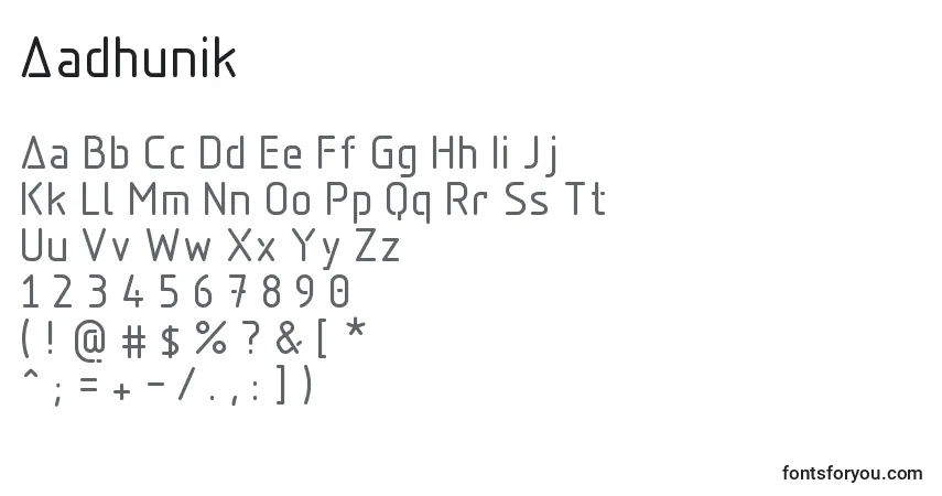 Schriftart Aadhunik – Alphabet, Zahlen, spezielle Symbole