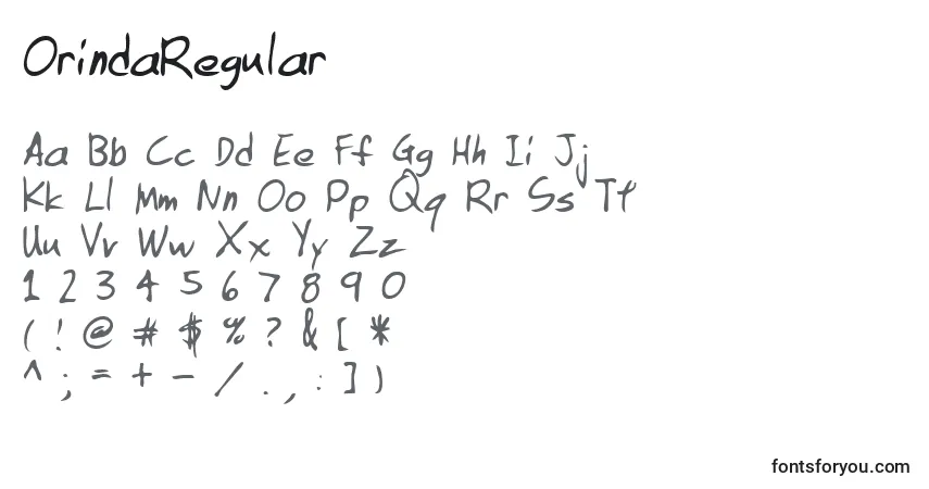 Czcionka OrindaRegular – alfabet, cyfry, specjalne znaki
