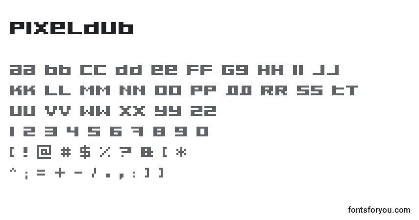 Czcionka Pixeldub – alfabet, cyfry, specjalne znaki