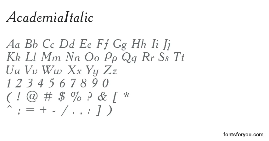 AcademiaItalic-fontti – aakkoset, numerot, erikoismerkit