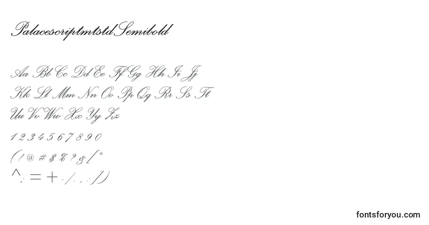 Czcionka PalacescriptmtstdSemibold – alfabet, cyfry, specjalne znaki