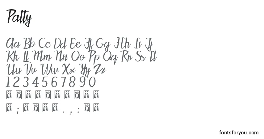 Czcionka Patty – alfabet, cyfry, specjalne znaki