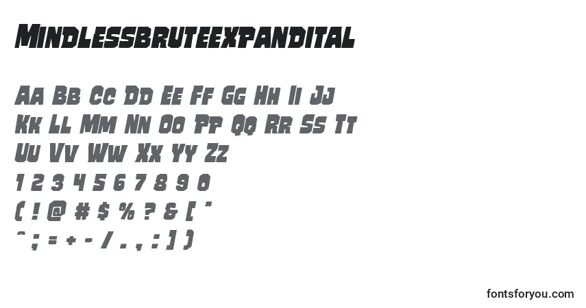 Шрифт Mindlessbruteexpandital – алфавит, цифры, специальные символы