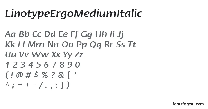 LinotypeErgoMediumItalic-fontti – aakkoset, numerot, erikoismerkit