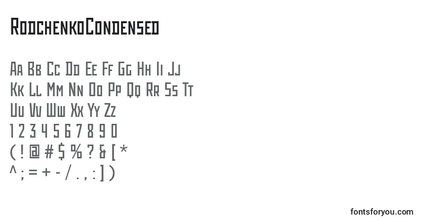 A fonte RodchenkoCondensed – alfabeto, números, caracteres especiais