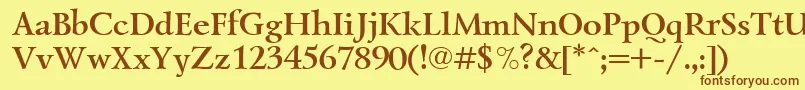 フォントLazurskiBoldCyrillic – 茶色の文字が黄色の背景にあります。