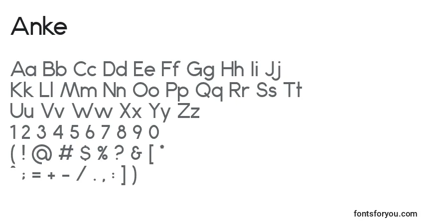 Czcionka Anke – alfabet, cyfry, specjalne znaki