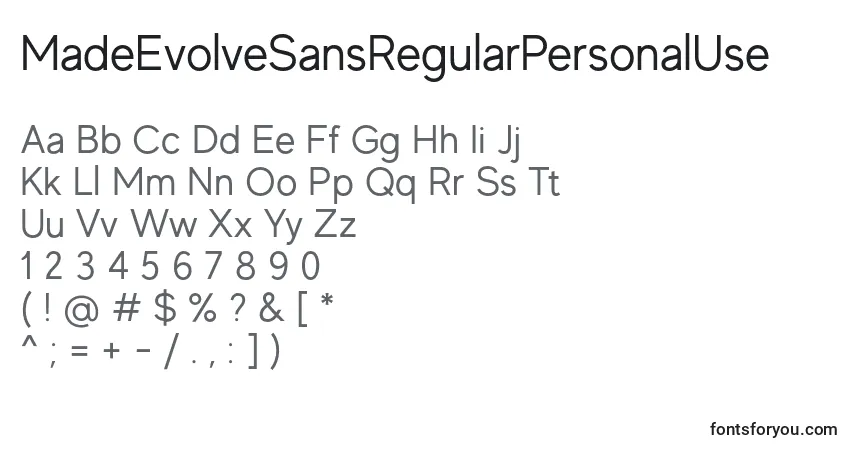 Schriftart MadeEvolveSansRegularPersonalUse – Alphabet, Zahlen, spezielle Symbole