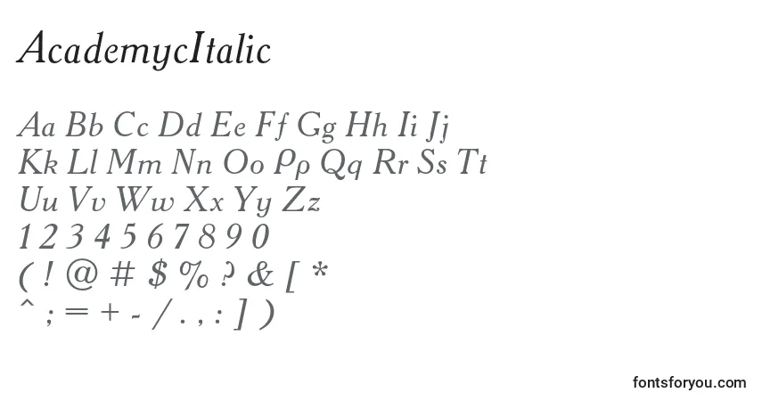 A fonte AcademycItalic – alfabeto, números, caracteres especiais