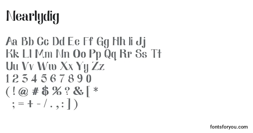 Schriftart Nearlydig – Alphabet, Zahlen, spezielle Symbole