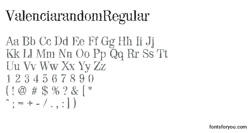 Czcionka ValenciarandomRegular – alfabet, cyfry, specjalne znaki
