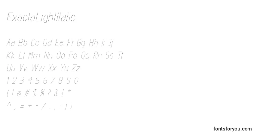 A fonte ExactaLightItalic – alfabeto, números, caracteres especiais