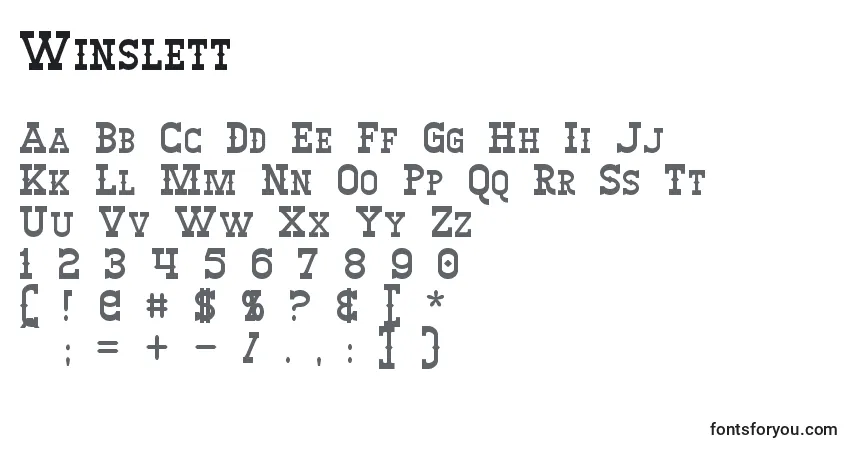 A fonte Winslett – alfabeto, números, caracteres especiais