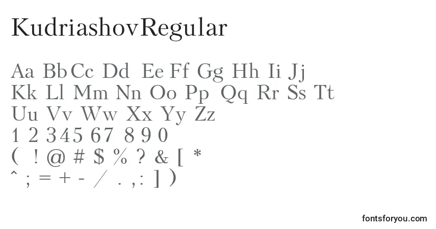Czcionka KudriashovRegular – alfabet, cyfry, specjalne znaki