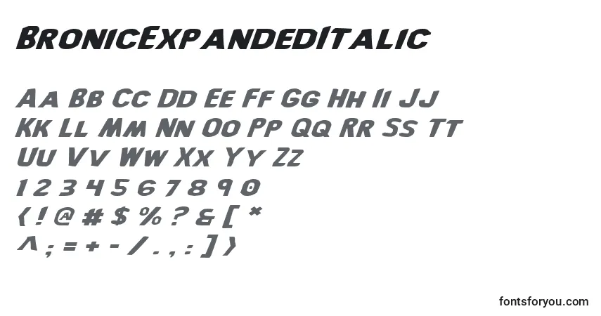Schriftart BronicExpandedItalic – Alphabet, Zahlen, spezielle Symbole