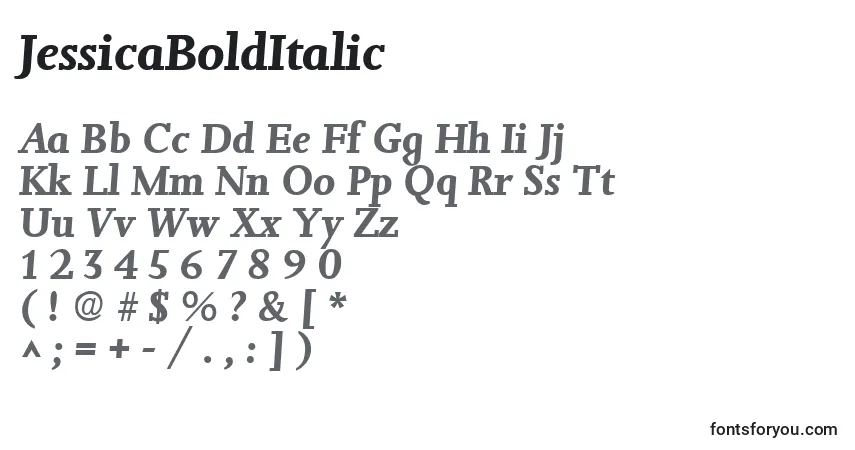 Шрифт JessicaBoldItalic – алфавит, цифры, специальные символы
