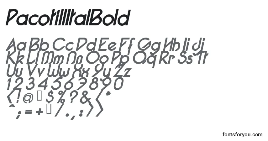 A fonte PacotillItalBold – alfabeto, números, caracteres especiais