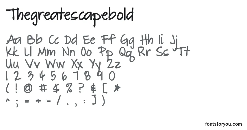 A fonte Thegreatescapebold – alfabeto, números, caracteres especiais