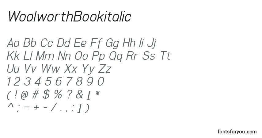 A fonte WoolworthBookitalic – alfabeto, números, caracteres especiais