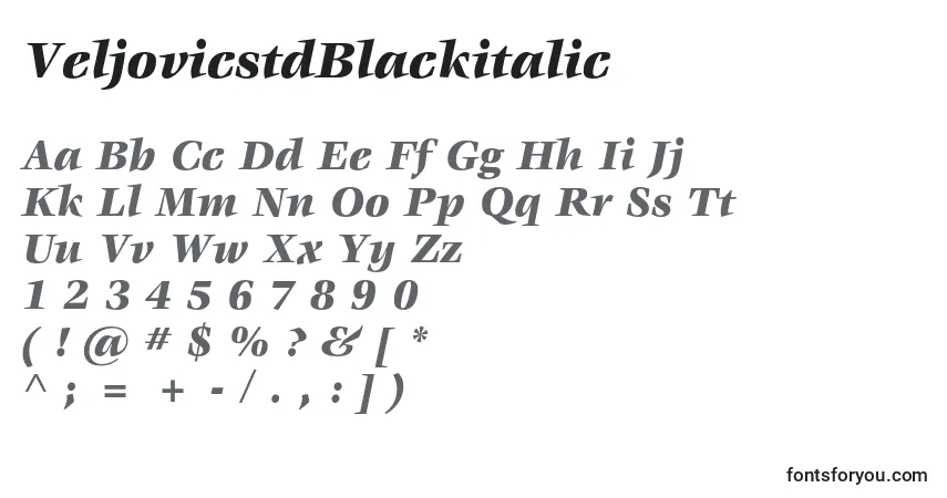A fonte VeljovicstdBlackitalic – alfabeto, números, caracteres especiais