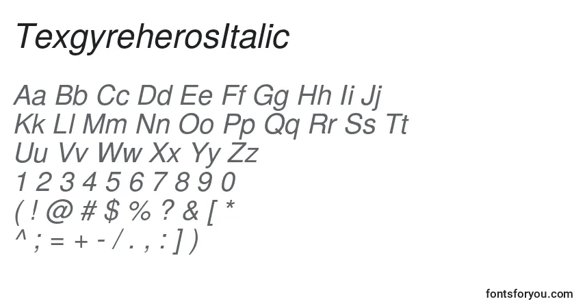Czcionka TexgyreherosItalic – alfabet, cyfry, specjalne znaki