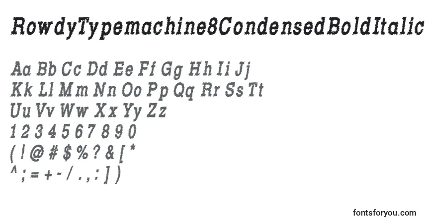 Czcionka RowdyTypemachine8CondensedBoldItalic – alfabet, cyfry, specjalne znaki