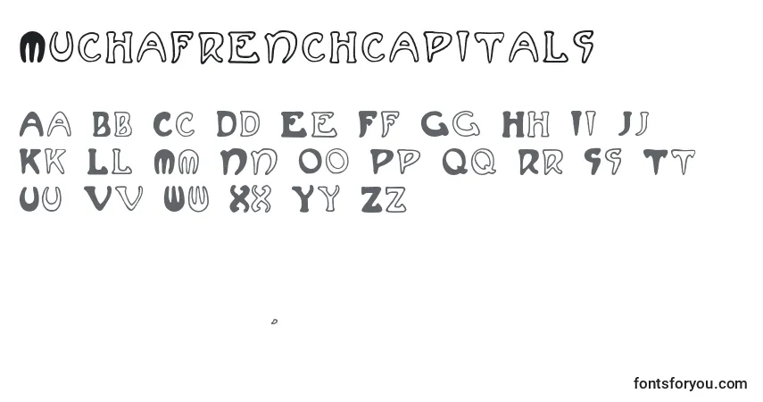 A fonte Muchafrenchcapitals – alfabeto, números, caracteres especiais