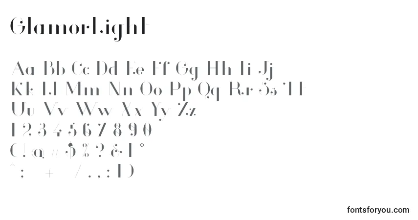 A fonte GlamorLight – alfabeto, números, caracteres especiais
