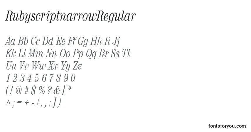 RubyscriptnarrowRegular-fontti – aakkoset, numerot, erikoismerkit