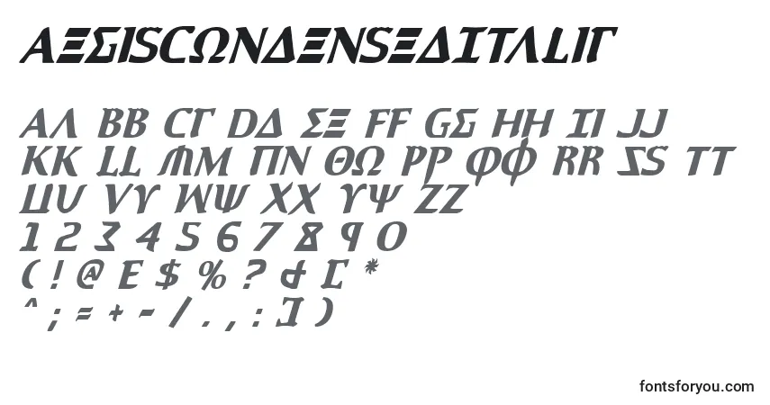 Czcionka AegisCondensedItalic – alfabet, cyfry, specjalne znaki