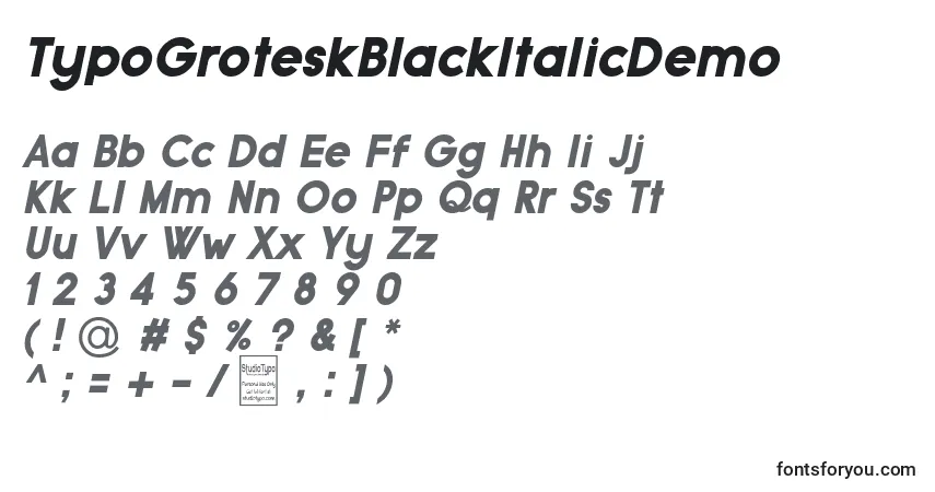 TypoGroteskBlackItalicDemo-fontti – aakkoset, numerot, erikoismerkit
