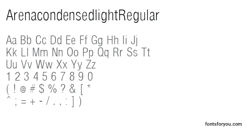 A fonte ArenacondensedlightRegular – alfabeto, números, caracteres especiais