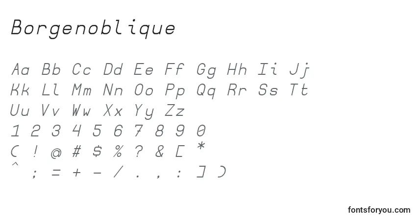 characters of borgenoblique font, letter of borgenoblique font, alphabet of  borgenoblique font