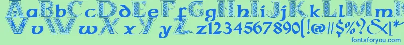 CelticmdDecorativeWDropCaps-Schriftart – Blaue Schriften auf grünem Hintergrund